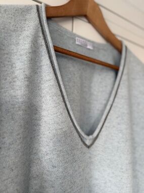 Brunello Cucinelli Gray 100% Cashmere Monili Trim V-Neck Sweater S-EUC